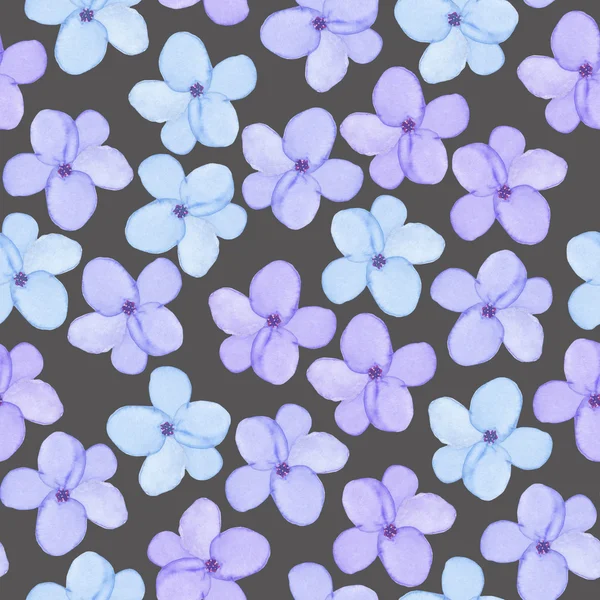 A seamless floral pattern with watercolor hand-drawn tender blue spring flowers