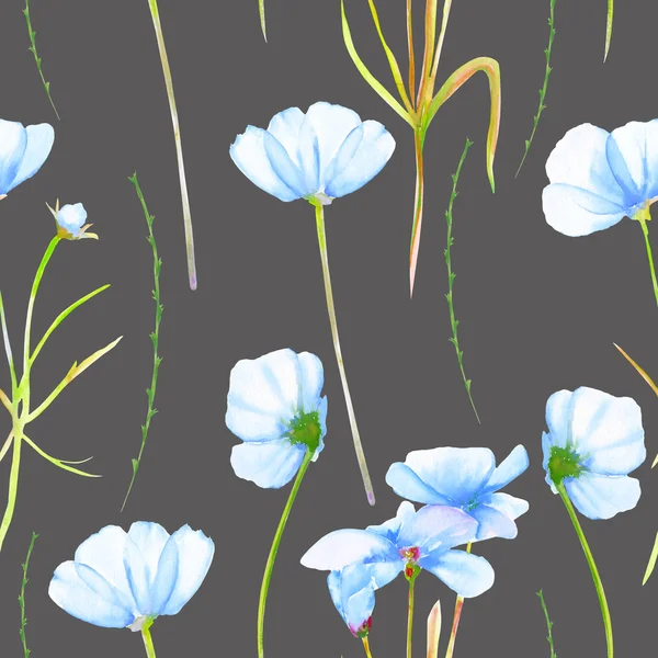 A seamless floral pattern with watercolor hand-drawn tender blue cosmos flowers