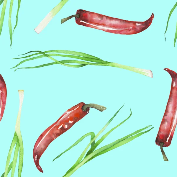A seamless pattern with the isolated green onion and red chili peppers