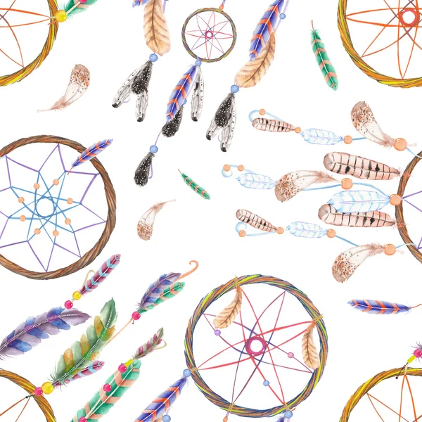 Seamless pattern with watercolor dreamcatchers and feathers in the air, hand drawn on a white background