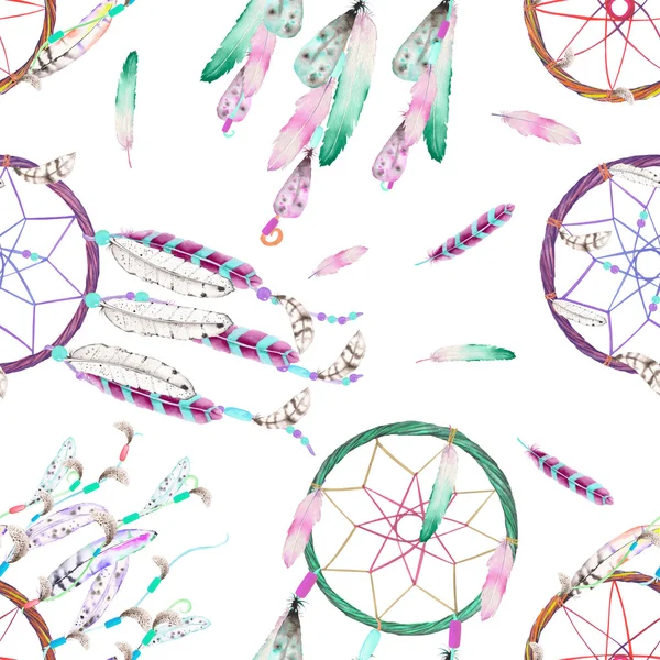Seamless pattern with watercolor dreamcatchers and feathers in the air, hand drawn on a white background