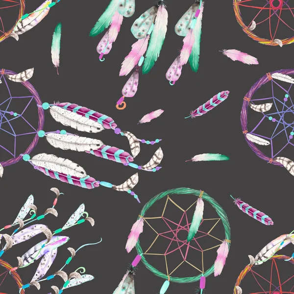 Seamless pattern with watercolor dreamcatchers and feathers in the air, hand drawn on a dark background