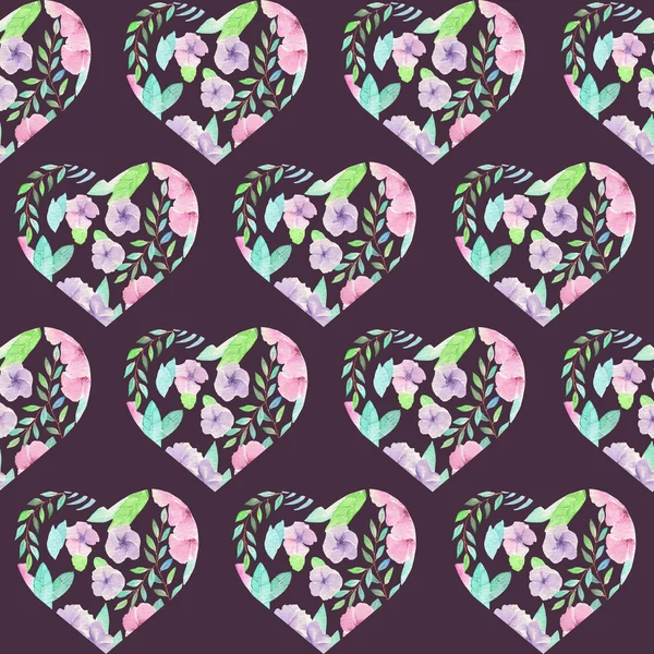 Seamless pattern of floral watercolor hearts