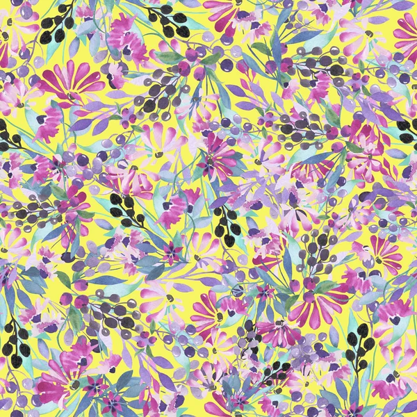 Seamless pattern of watercolor blue leaves, purple flowers and berries