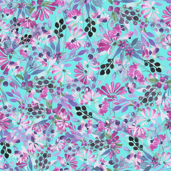 Seamless pattern of watercolor blue leaves, purple flowers and berries