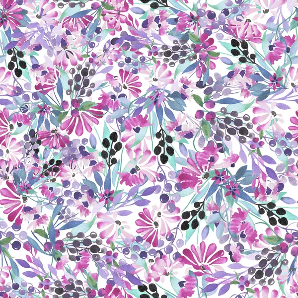 Seamless pattern of watercolor blue leaves, purple flowers and berries