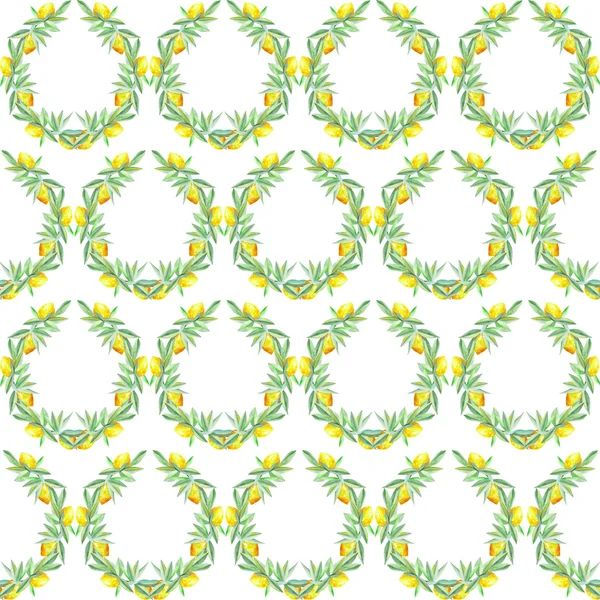 Citrus pattern with wreaths of lemons on the branches with green leaves painted in watercolor on a white background