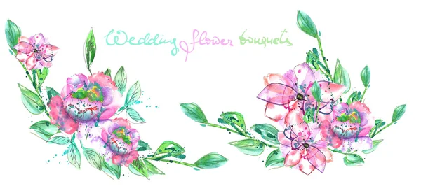 Set of watercolor bouquets with pink and purple flowers and green leaves