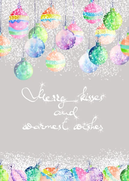 A postcard, greeting card or invitation with watercolor colored Christmas balls
