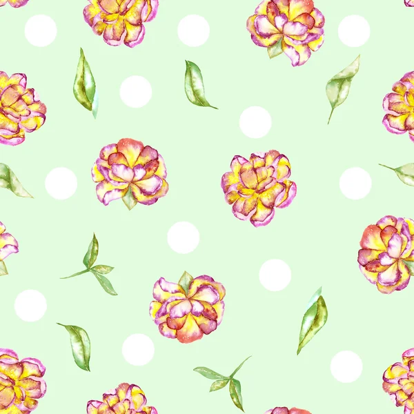 A seamless floral polka dot pattern with the watercolor purple and yellow exotic flowers (peony) and green leaves