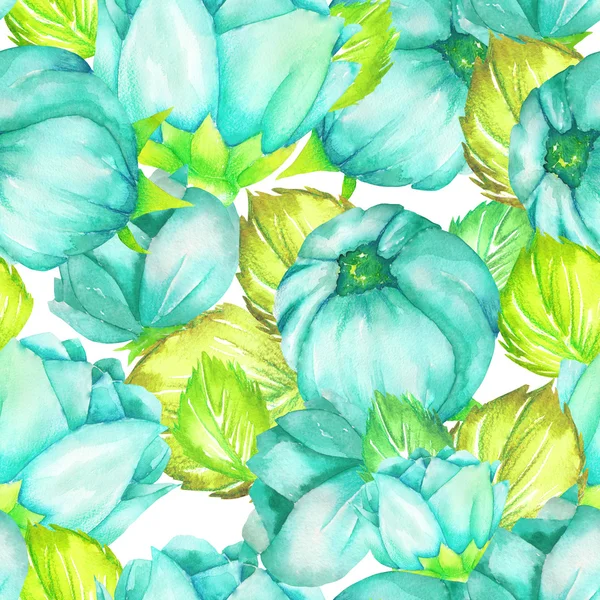 A floral pattern with the turquoise beautiful flowers painted in watercolor on a white background