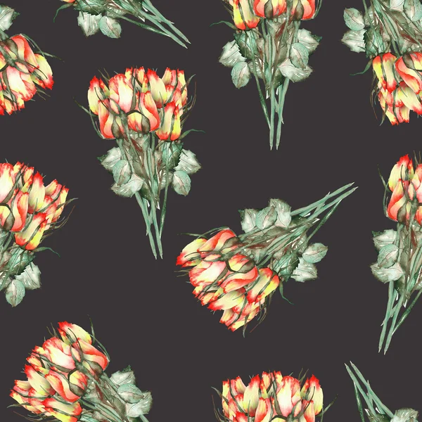 A seamless pattern with the watercolor beautiful bouquets of the red and yellow roses on a black background