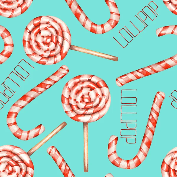 A seamless pattern with the lollipop (candy cane). Painted in a watercolor hand-drawn on a tender mint background
