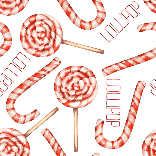 A seamless sweet pattern with the watercolor lollipop (candy cane). Painted hand-drawn on a white background