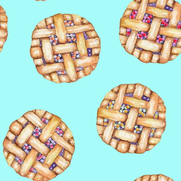 A seamless sweet pattern with the watercolor berry pie. Painted hand-drawn on a turquoise background