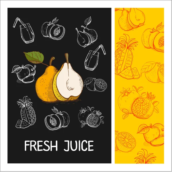 Hrushiv juice. Fruit. Vector illustration. Fruit drawn in chalk on a black Board. Hand drawn vector illustration