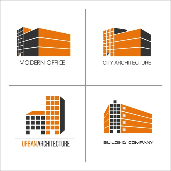 Urban architecture, construction of buildings, offices, hotels. Set of vector logos, icons for a construction company