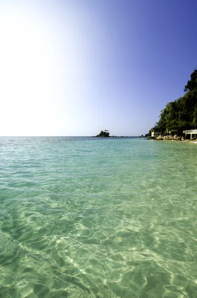 Beautiful tropical island with clear sea water and sunlight effect background on the sky.