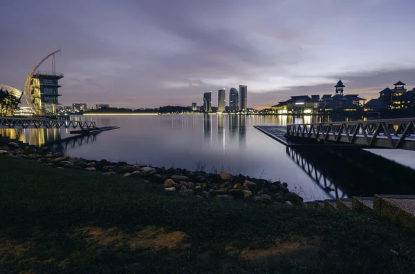 Blue hour at the lakeside with modern structure