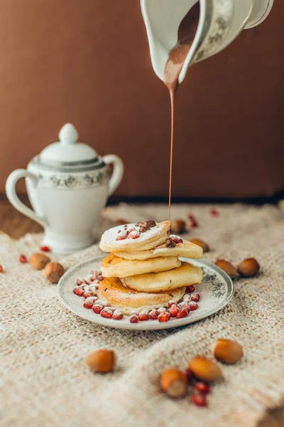 Chocolate on Stack of pancakes