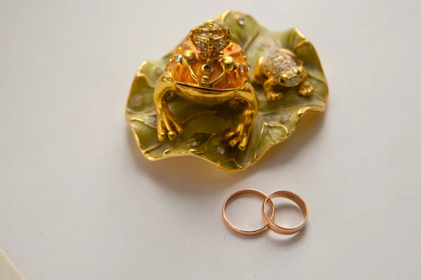 Wedding rings and frog statue
