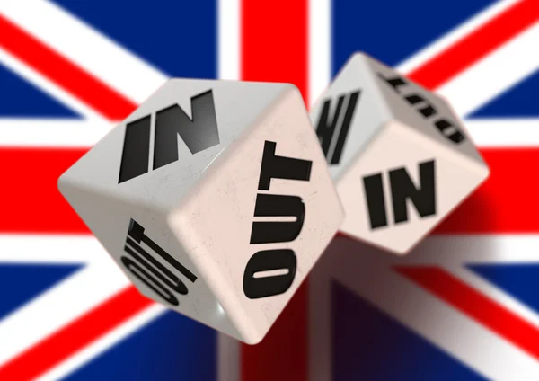 In or Out vote on dice for countries leaving the European Union with flag in the background.