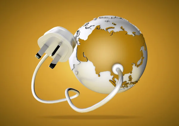 Electrical cable and plug connects power to asia on a world globe. Concept for how asia, china and russia consume electricty and energy and how they need to look for renewable, green, alternative energy solutions like solar energy or wind energy.