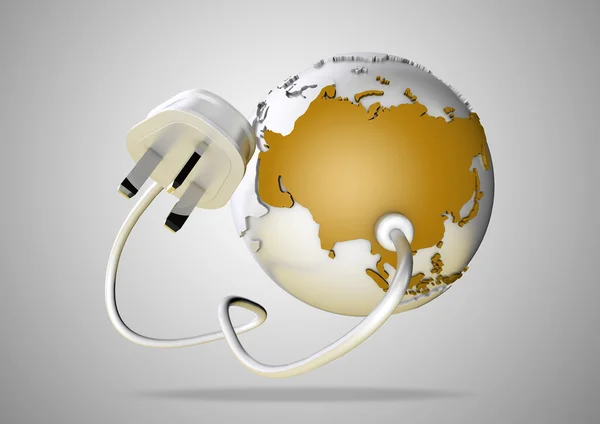 Electrical cable and plug connects power to asia on a world globe. Concept for how asia, china and russia consume electricty and energy and how they need to look for renewable, green, alternative energy solutions like solar energy or wind energy.
