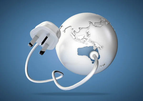 Electricity cable and plug connects to Australia on world globe and provides electricity to the Australian power grid.