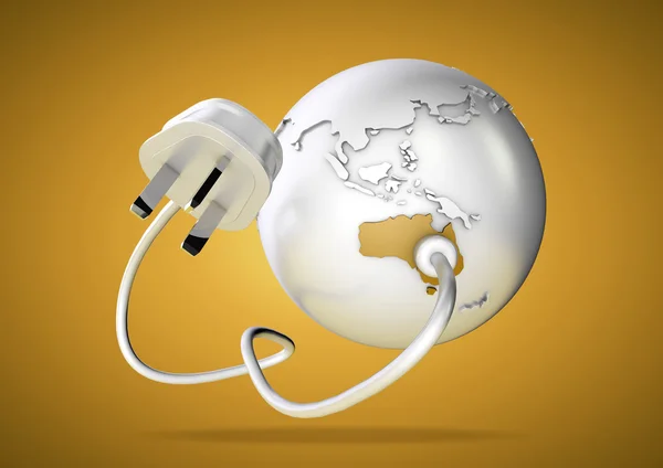 Electricity cable and plug connects to Australia on world globe and provides electricity to the Australian power grid.
