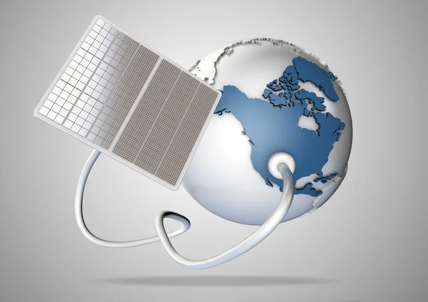 Solar panel supplies power from the sun to the USA and North America. Concept for green power sources and energy supply to the world.