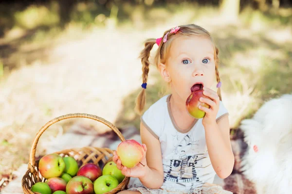 Little girl with apples in park