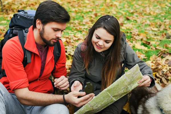Young caucasian couple hiking with siberian husky dog. Hikers with map and compass in autumn wood