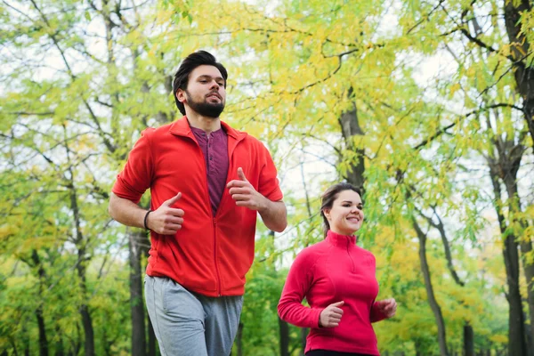 Young caucasian couple running in autumn park, couple jogging together