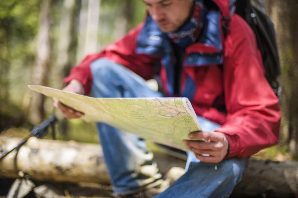 Young caucasian male with a map in the forest, hiker looking at map outdoors