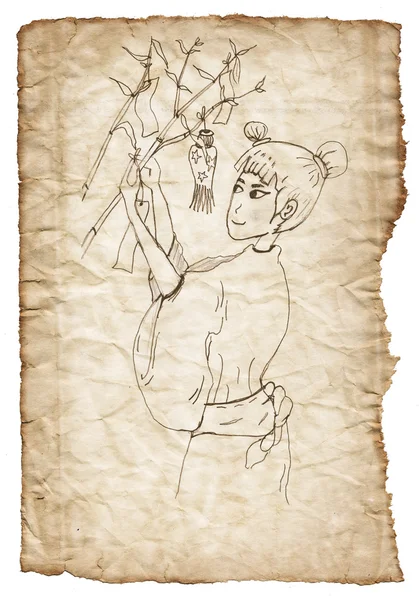 Hand drawn Japanese woman on old, crumpled paper with burned tor