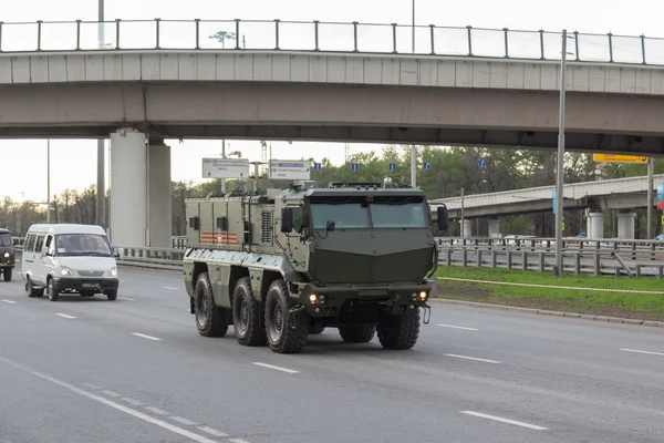 MOSCOW - MAY 4, 2015: Military vehicles on Leningradsky Prospekt