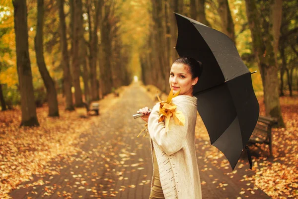 Woman with an umbrella walks in autumn park