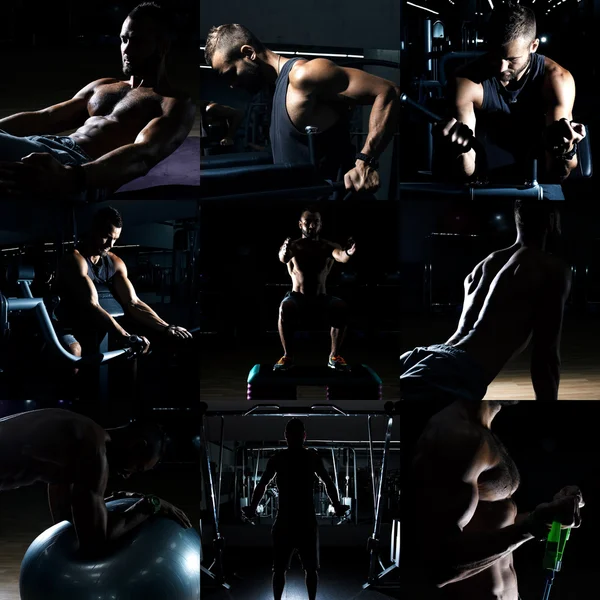Collage of different bodybuilders images in gym. Beautiful man body.