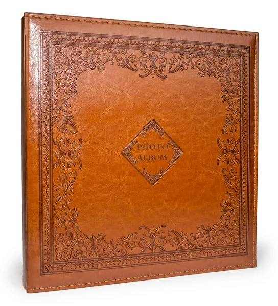 Brown leather photo album cover with decorative frame
