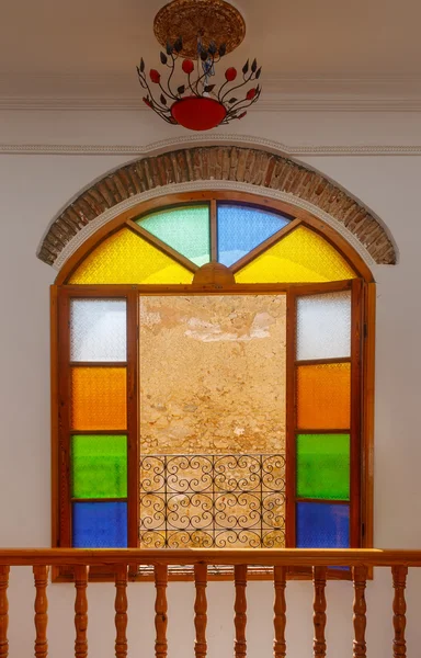 Colorful stained glass window in the portuguese hotel, Morocco