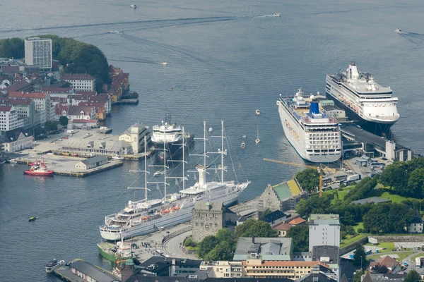 Aerial view of Bergen port with cruise ships docked, Norway