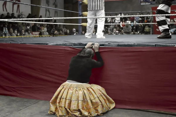 Star cholita female wrestler  knocked out of the ring.