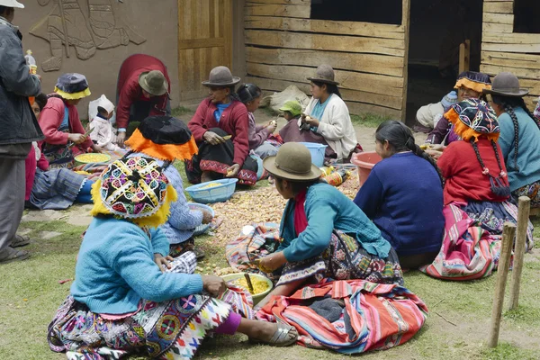Indigenous women cutting potatoes for a local wedding ceremony