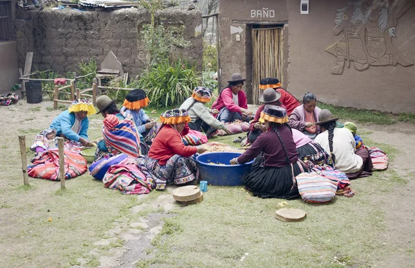Indigenous women cutting potatoes for a local wedding ceremony