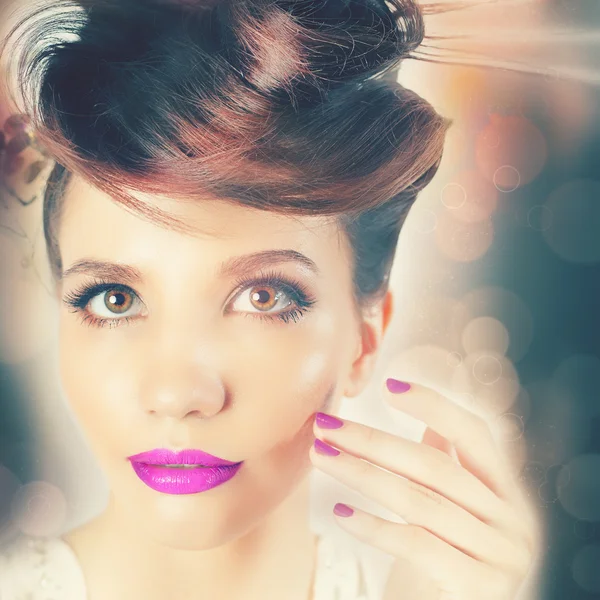 Beautiful Fashion Girl Face with Fancy Hairstyle, Colorful Nail Polish