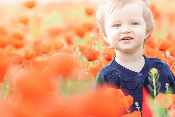 Funny child holding a balloon outdoor at poppy field