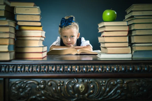Smart school girl sitting at the table with many books