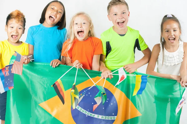 Group of children holding a Brazil flag