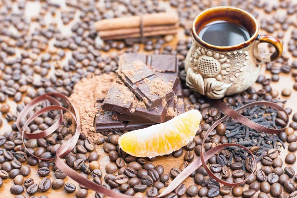 Holiday of chocolate day - wooden table background of coffee